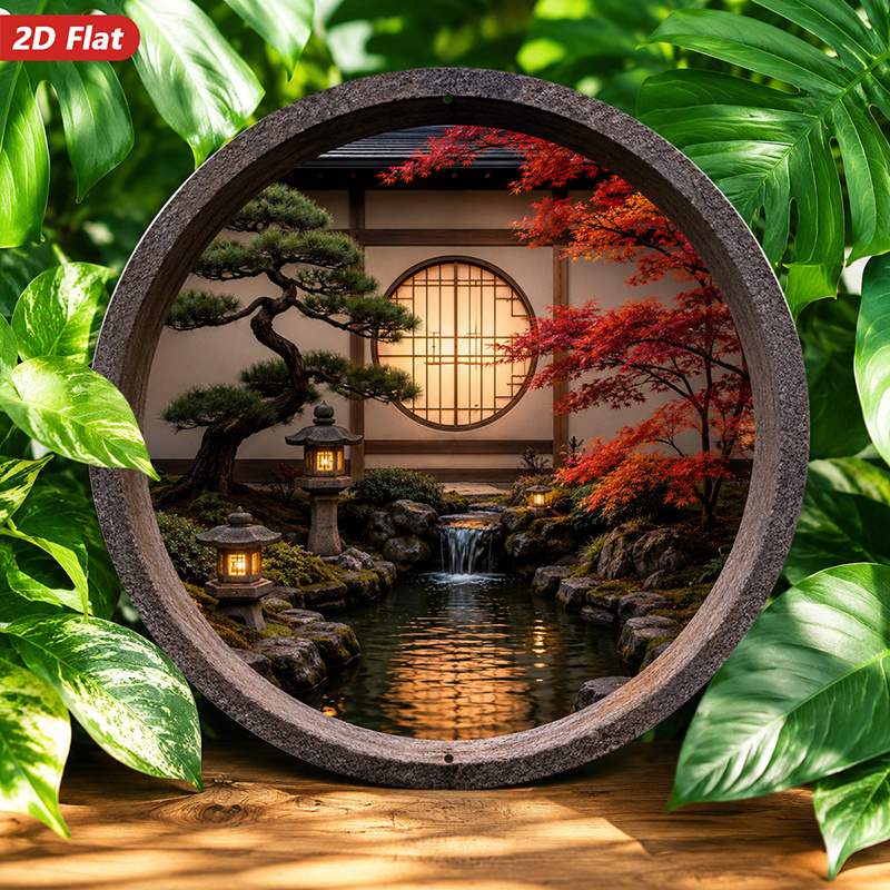 Płaski obraz 2D, 1 szt. Okrągł – Bonsai Garden Art recenzja i cena